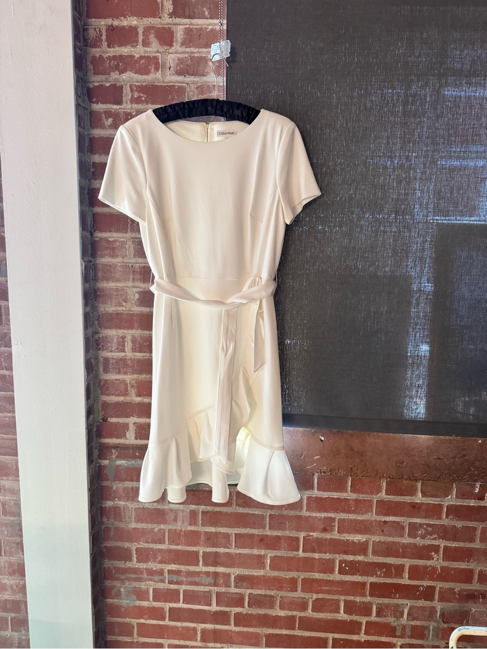 Calvin Klein Cream Short-Sleeve Belted Midi Dress with Ruffle Hem